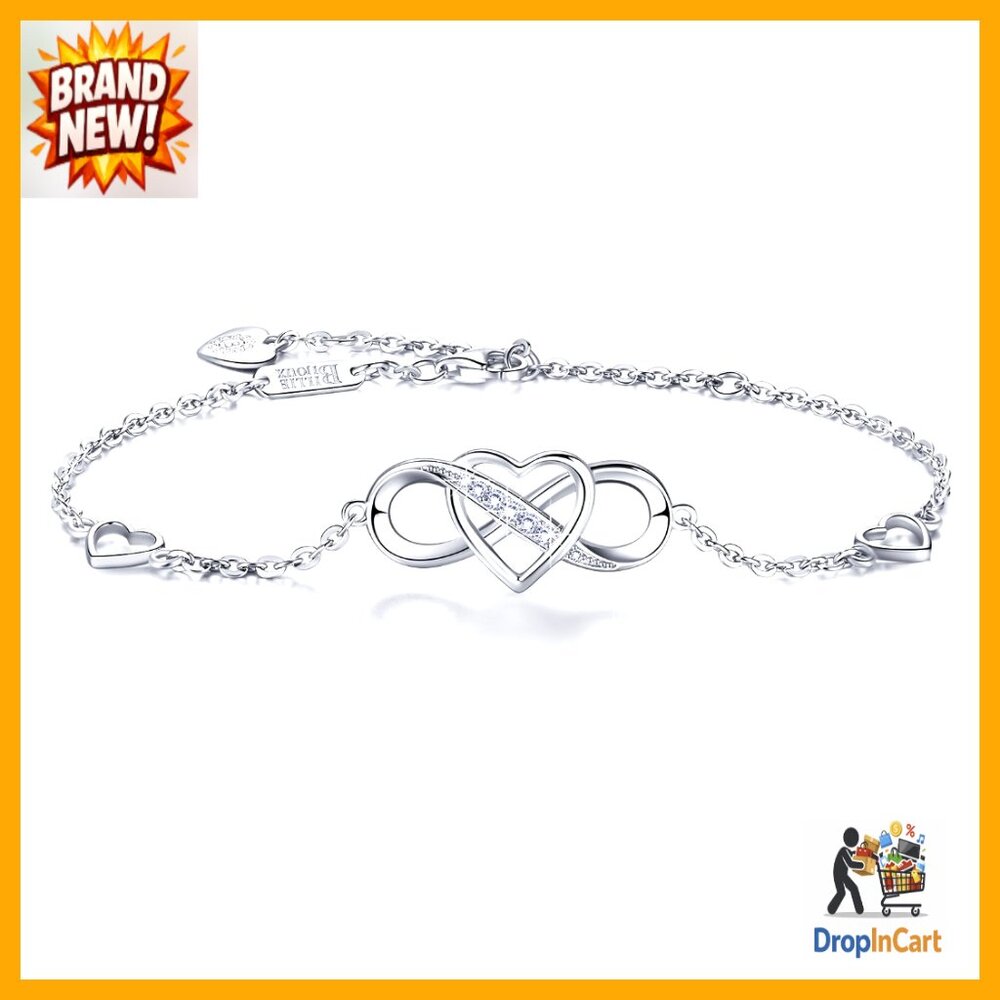 Sterling Silver Infinity Heart Bracelet Adjustable Elegant Minimalist Gift